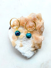 Load image into Gallery viewer, Chrysocolla Gold earrings hoops made by Full Moon Designs