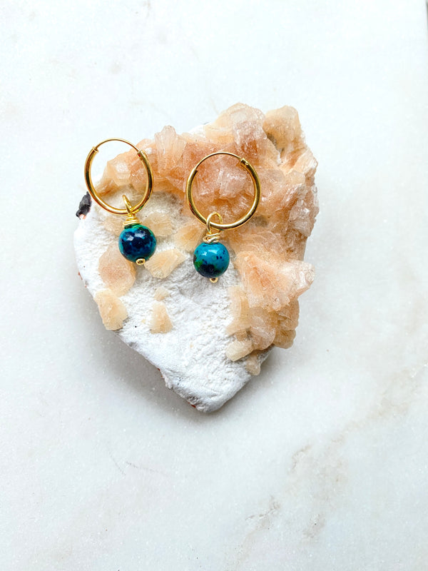 Chrysocolla Gold earrings hoops made by Full Moon Designs