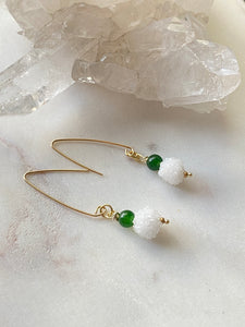 Jade and snowball  quartz  goldfilled earrings hand crafted in London.Side view.