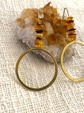 Load image into Gallery viewer, Amber (natural) Brass Earrings. Single earring, front view. Hand crafted by Full Moon Designs.