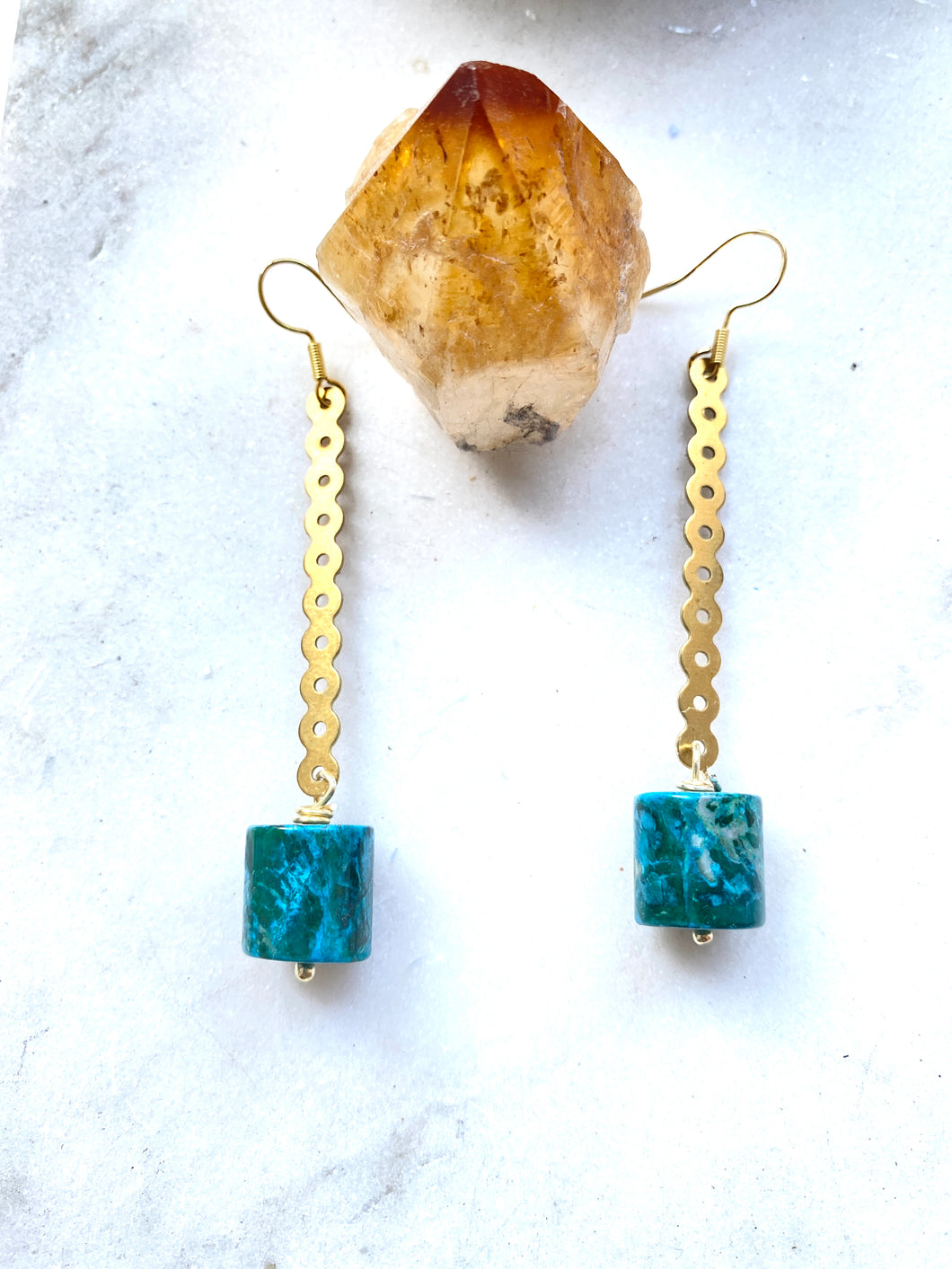 Chrysocolla Brass Earrings hand crafted by Full Moon Designs.