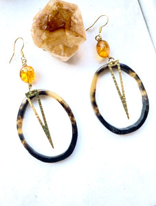 Natural resin with brass and yellow Agate bead Gold Earrings. By Full Moon Designs.