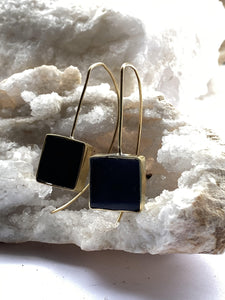 black stone top earrings with gold backs, square edgy minimalist design, handmade in brixton