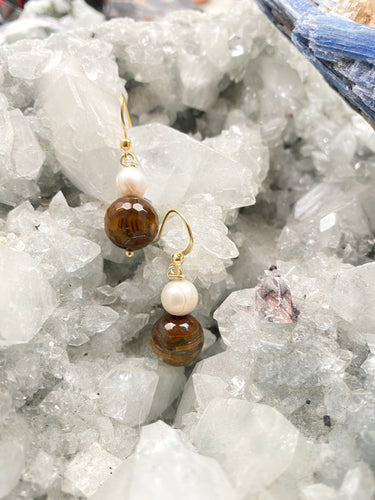Tigers' Eye and Mother of Pearl Gold Earrings