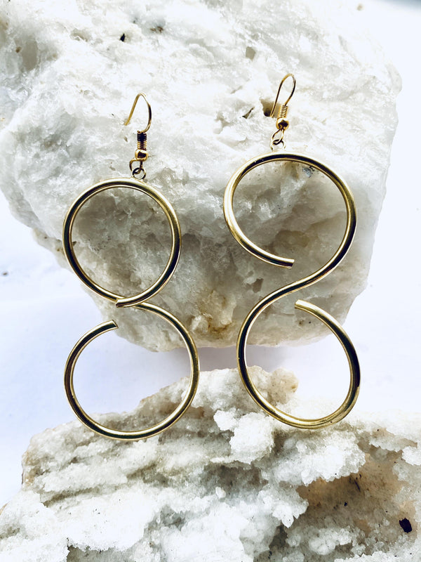 recycled brass spiral earrings, eco friendly handmade jewellery, figure of eight shape