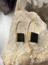 Load image into Gallery viewer, black stone top earrings with gold brass backs, square edgy minimalist design, handmade in brixton