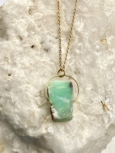 deep turquoise and gold necklace, a natural chrysoprase stone held on gold plated chain by full moon deisgns