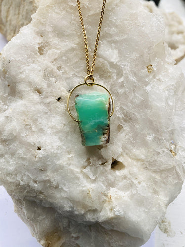 deep turquoise and gold necklace, a natural chrysoprase stone held on gold plated chain by full moon deisgns