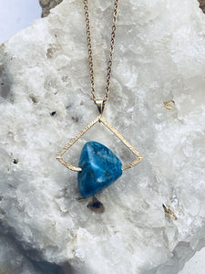 Apatite  blue precious stone statement necklace on gold plated chain, handmade piece by full moon designs