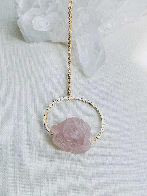 blush pink rose quartz asymmetric hanging necklace, handmade jewellery by full moon designs brixton