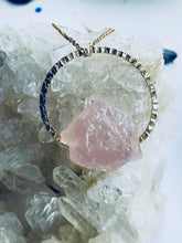 Load image into Gallery viewer, blush pink rose quartz asymmetric hanging necklace, handmade jewellery by full moon designs brixton