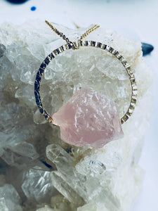 blush pink rose quartz asymmetric hanging necklace, handmade jewellery by full moon designs brixton