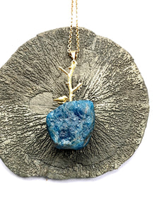 Apatite  blue precious stone statement necklace on gold plated chain, handmade piece by full moon designs