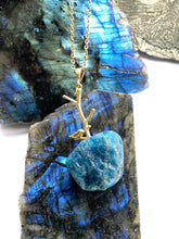 Load image into Gallery viewer, Apatite  blue precious stone statement necklace on gold plated chain, handmade piece by full moon designs