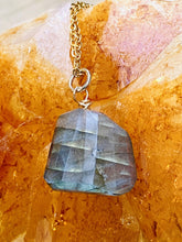 Load image into Gallery viewer, labradorite necklace on chain close up, handmade by full moon designs