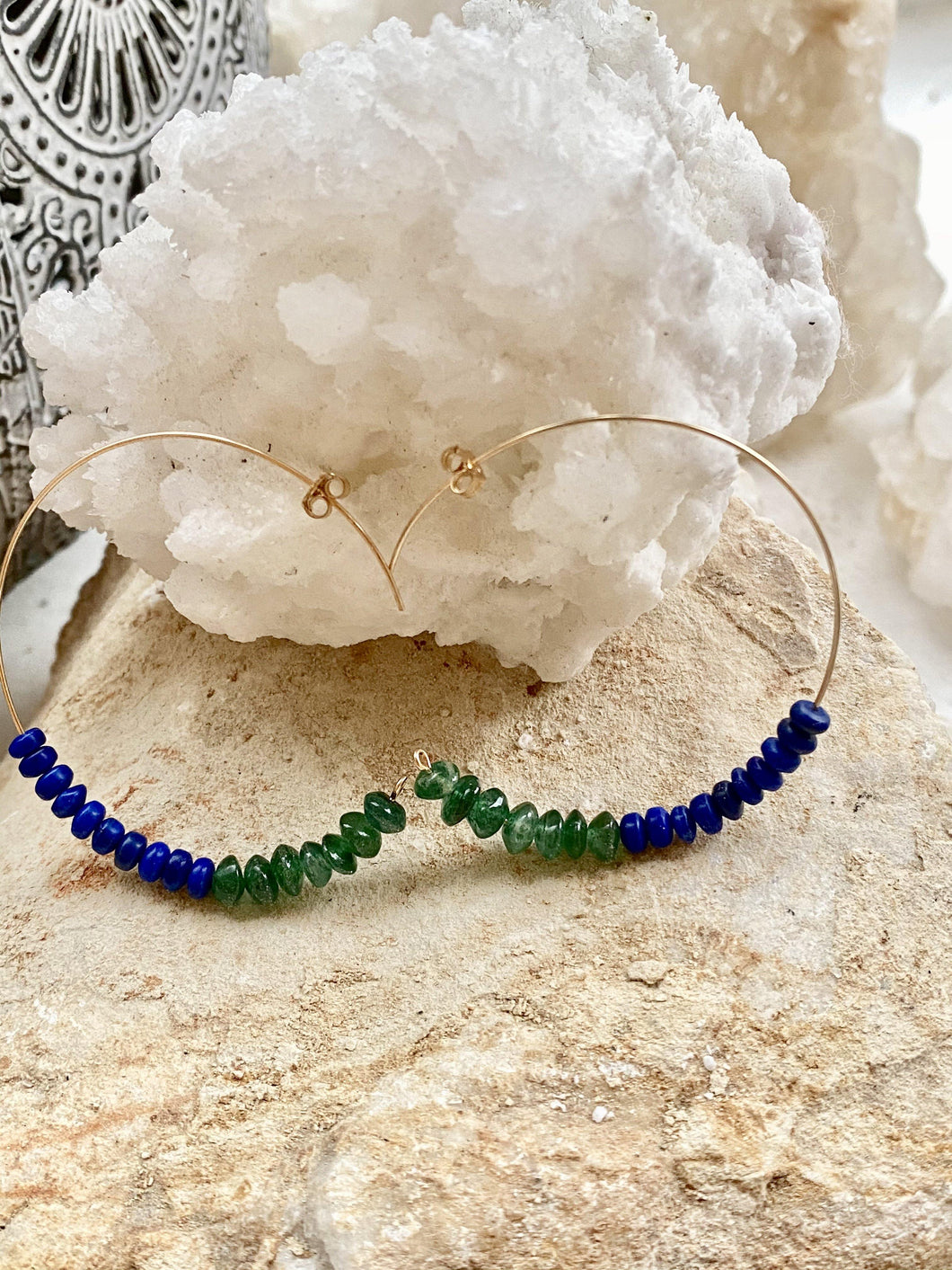 dioptase (green) and lapis lazuli (blue), hoops hoop earrings handmade one of a kind gold jewellery gemstones 