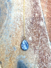 Load image into Gallery viewer, Blue Kyanite droplet necklace handmade by full moon designs, deep blue gemstone jewellery one of a kind unique