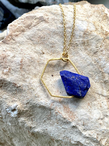 lapis lazuli and gold necklace on chain