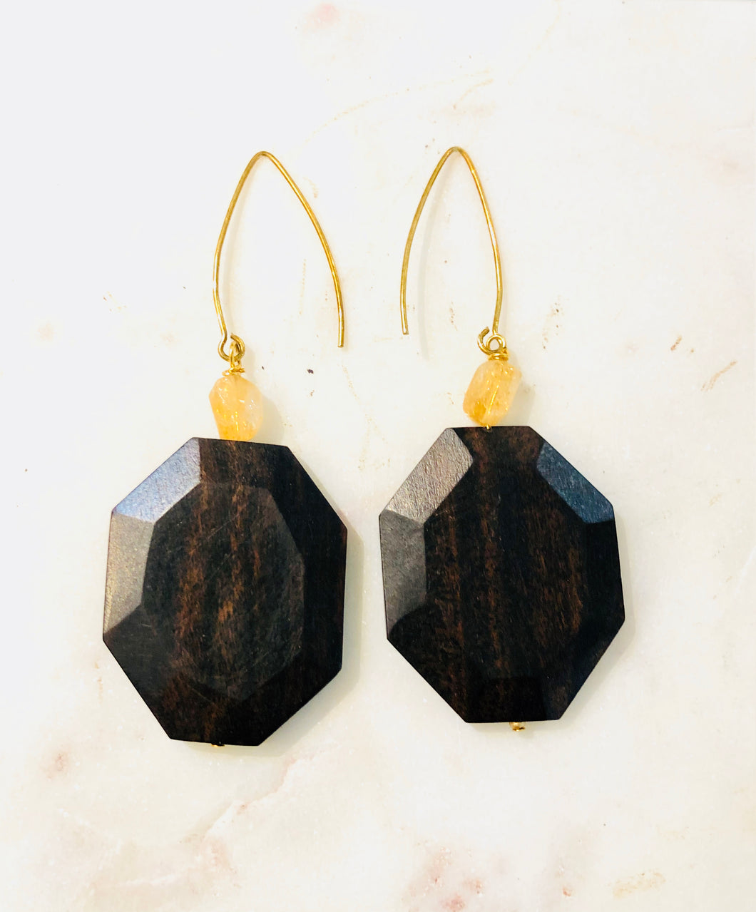 Wood and Citrine Gold on Silver Earrings - Full Moon Designs