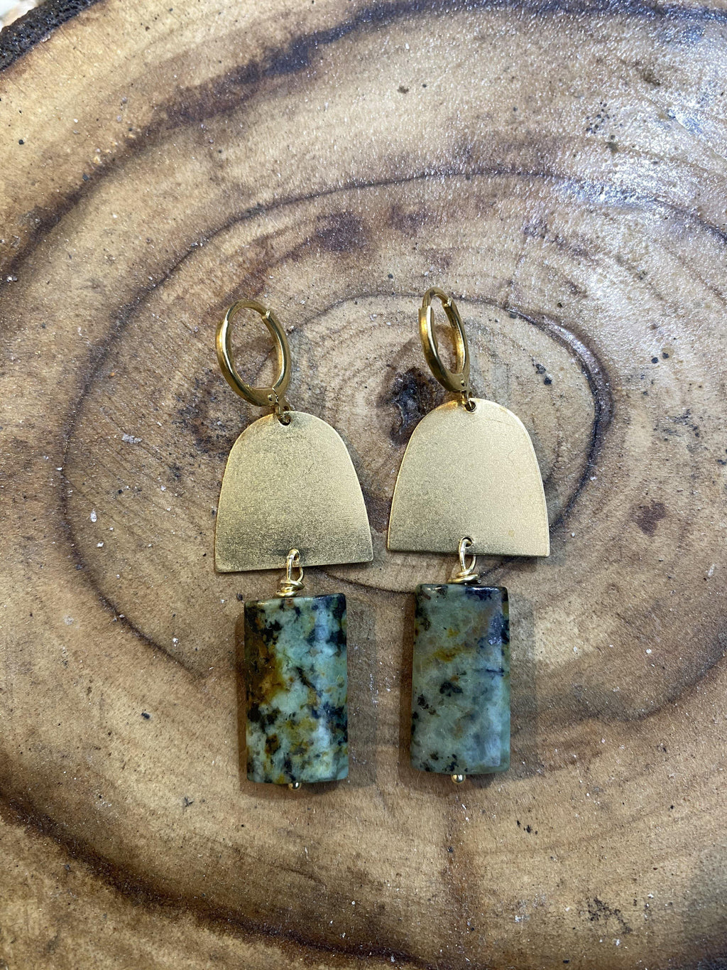 turquoise brass earrings, ethical natural jewellery, handmade by full moon designs,