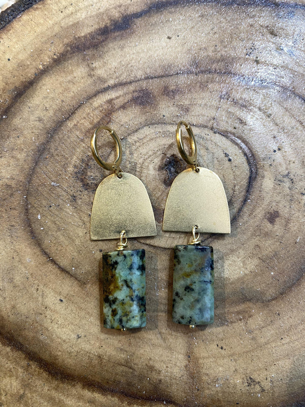 turquoise brass earrings, ethical natural jewellery, handmade by full moon designs,